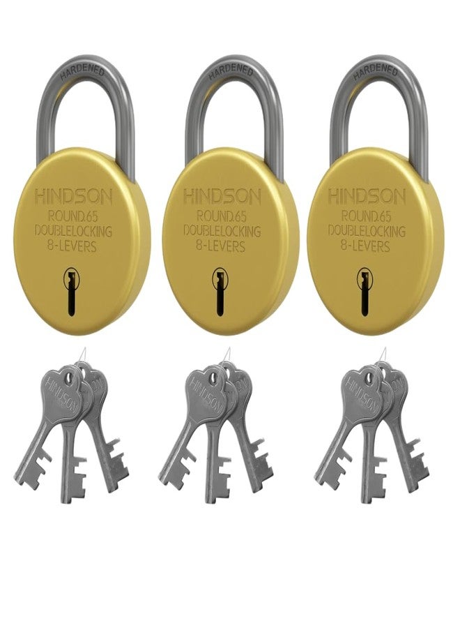 Hindson Round 65 Gold Strong Security Padlocks for Multipurpose Use - Pack of 3 - Image 1